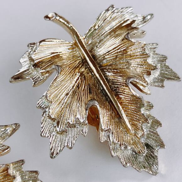 VTG Signed Sarah Coventry Mid Century Leaf Clip On Earrings Gold Silver Tone - Picture 4 of 12